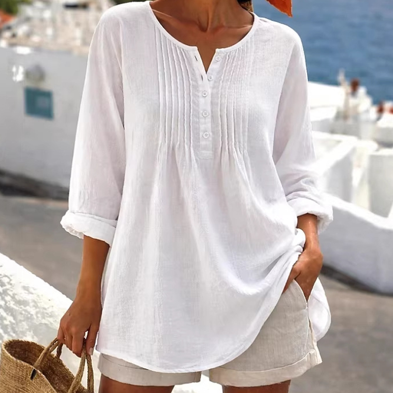 Damen Langarm-Henley-Bluse mit Falten