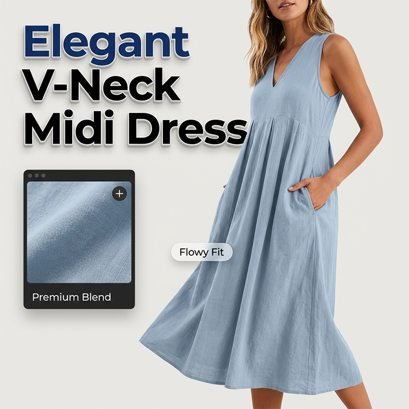 Damen lässiges V-Ausschnitt-ärmelloses Midi-Kleid
