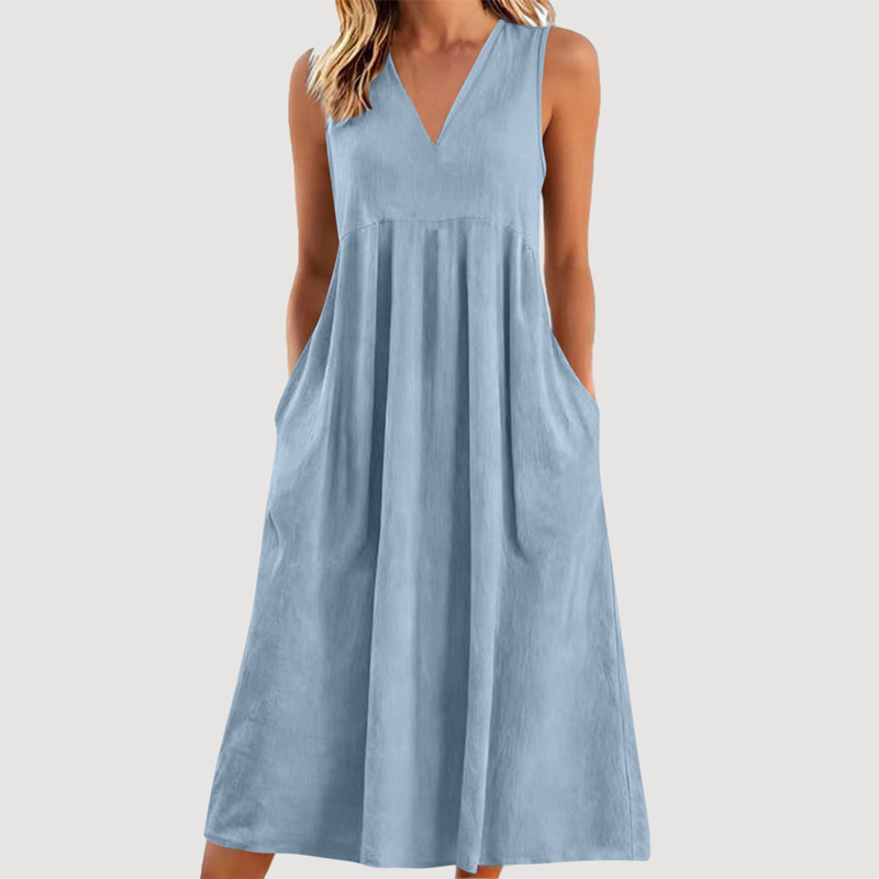 Damen lässiges V-Ausschnitt-ärmelloses Midi-Kleid