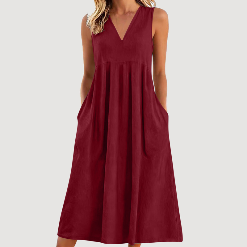 Damen lässiges V-Ausschnitt-ärmelloses Midi-Kleid