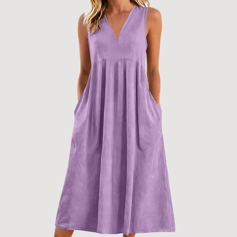 Damen lässiges V-Ausschnitt-ärmelloses Midi-Kleid