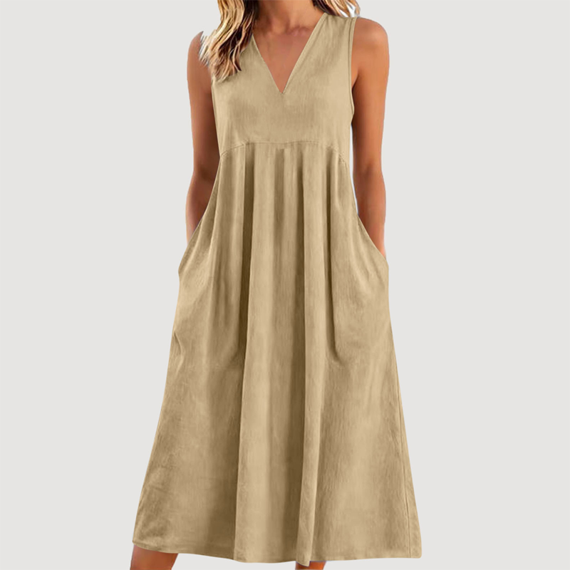 Damen lässiges V-Ausschnitt-ärmelloses Midi-Kleid
