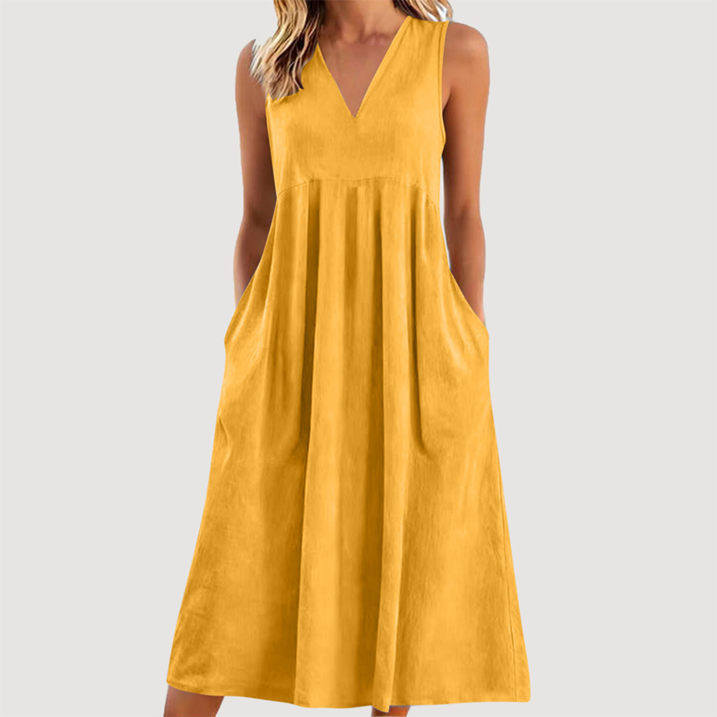 Damen lässiges V-Ausschnitt-ärmelloses Midi-Kleid
