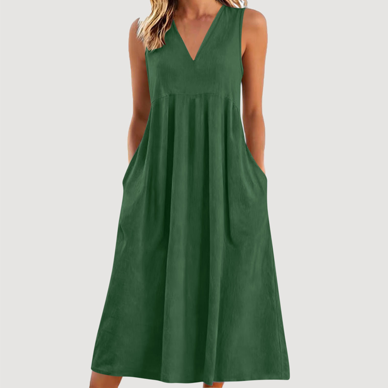 Damen lässiges V-Ausschnitt-ärmelloses Midi-Kleid