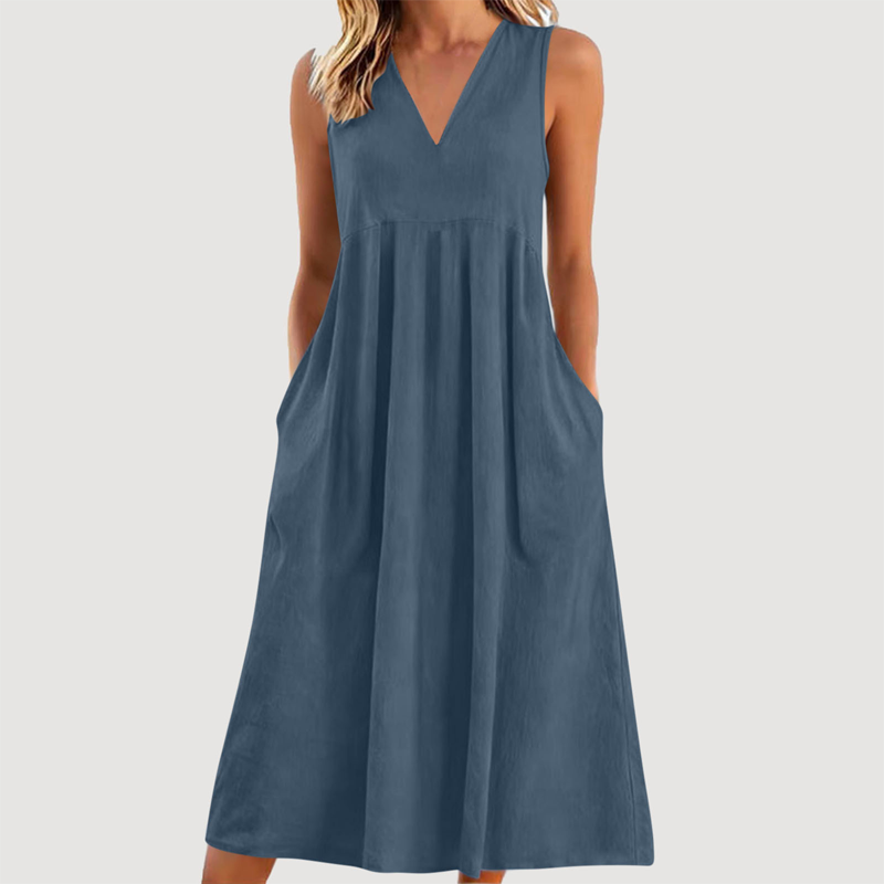 Damen lässiges V-Ausschnitt-ärmelloses Midi-Kleid