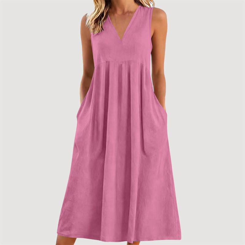 Damen lässiges V-Ausschnitt-ärmelloses Midi-Kleid