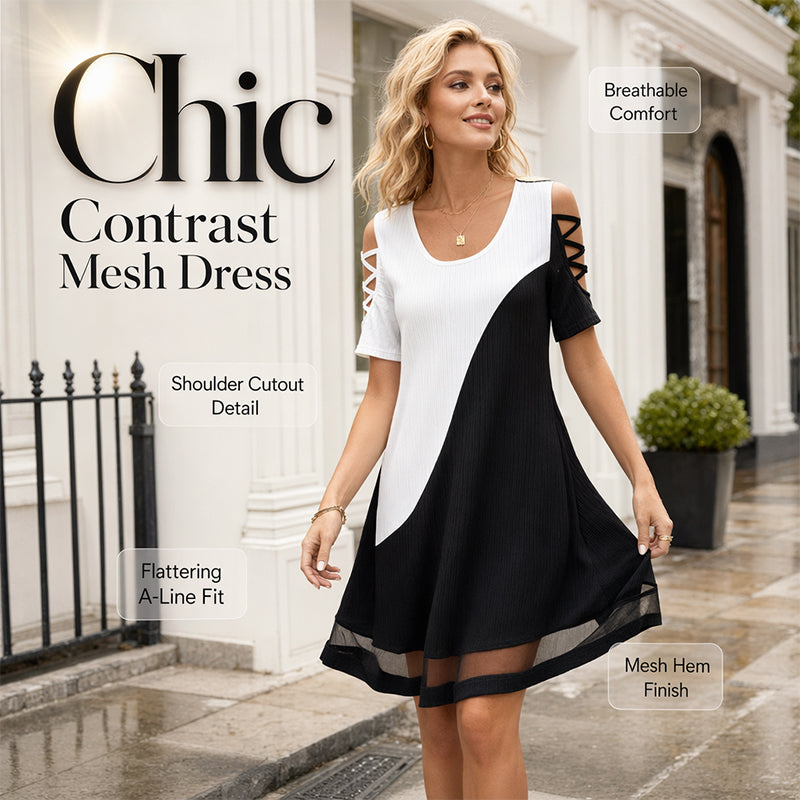 👗Luftiges Midikleid mit Mesh-Saum und Farbblock