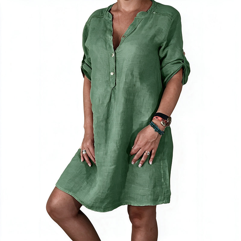🌹Damen Sommer-V-Ausschnitt-Kleid mit hochkrempelbaren Ärmeln💕💕