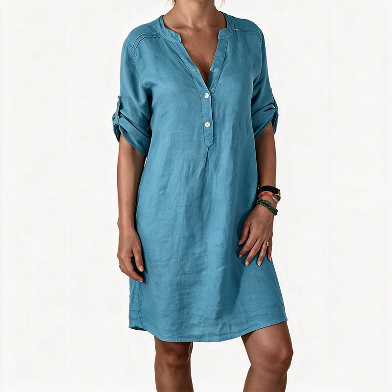 🌹Damen Sommer-V-Ausschnitt-Kleid mit hochkrempelbaren Ärmeln💕💕
