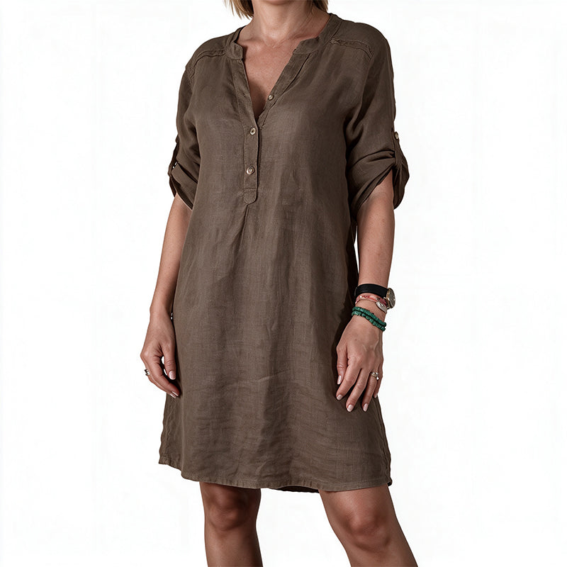 🌹Damen Sommer-V-Ausschnitt-Kleid mit hochkrempelbaren Ärmeln💕💕
