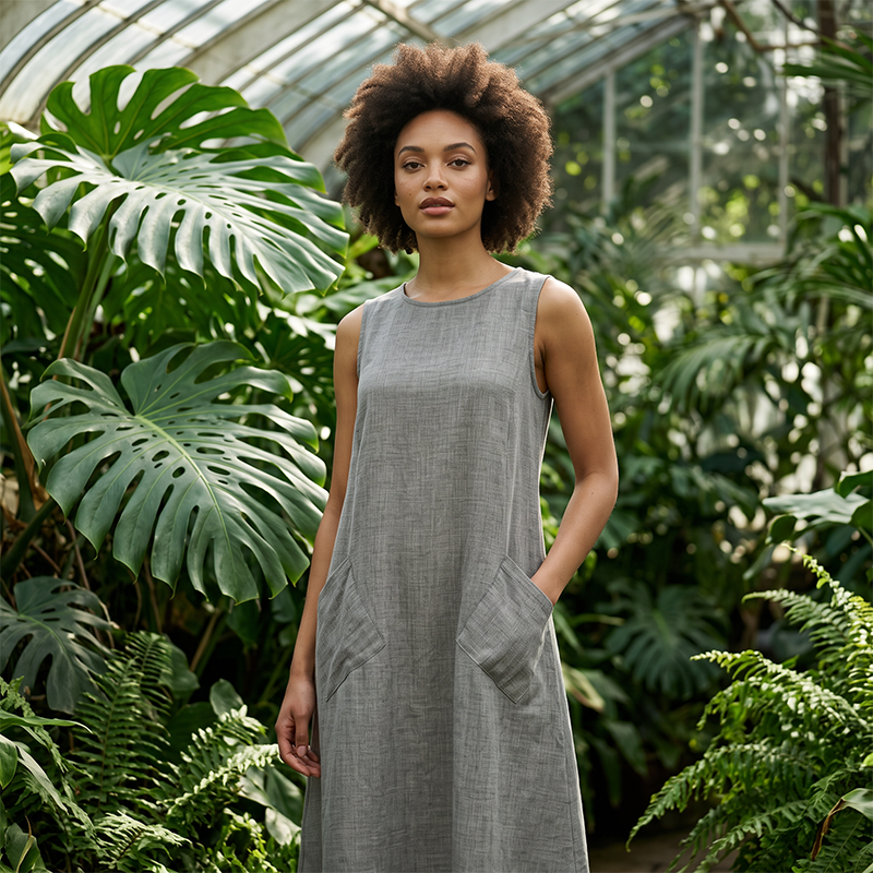 📈 Verkaufshit Nr. 1 – direkt 50%! Ärmelloses Freizeitkleid für Damen mit Rundhalsausschnitt – locker sitzendes Maxikleid im Leinen-Look mit Taschen