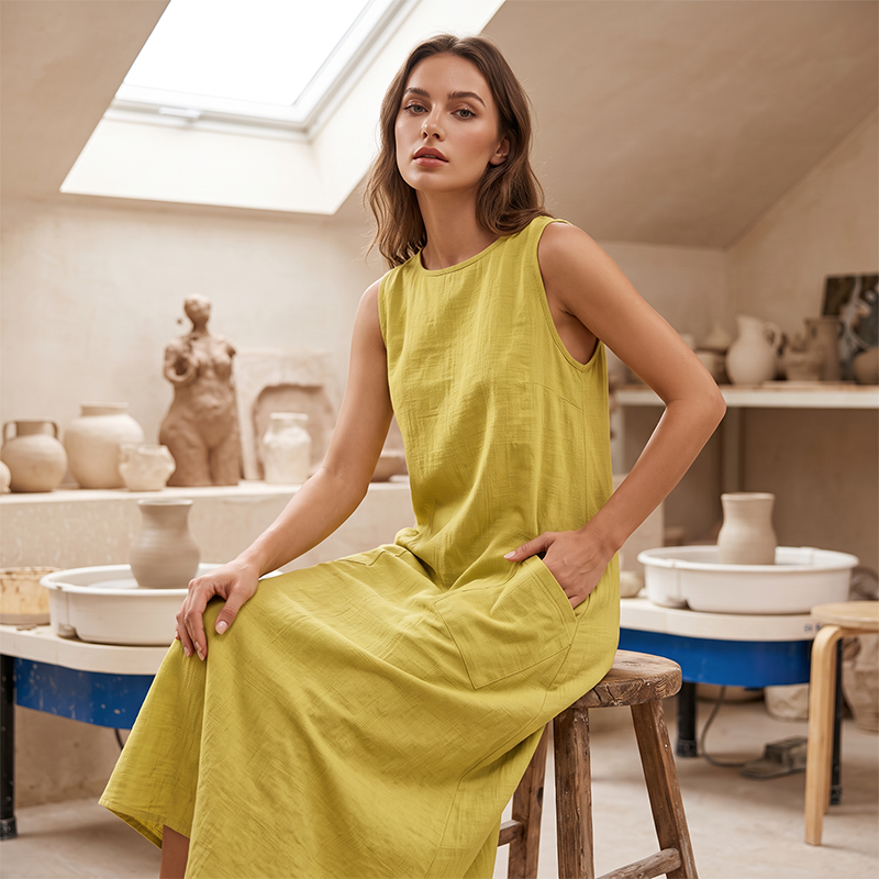 📈 Verkaufshit Nr. 1 – direkt 50%! Ärmelloses Freizeitkleid für Damen mit Rundhalsausschnitt – locker sitzendes Maxikleid im Leinen-Look mit Taschen