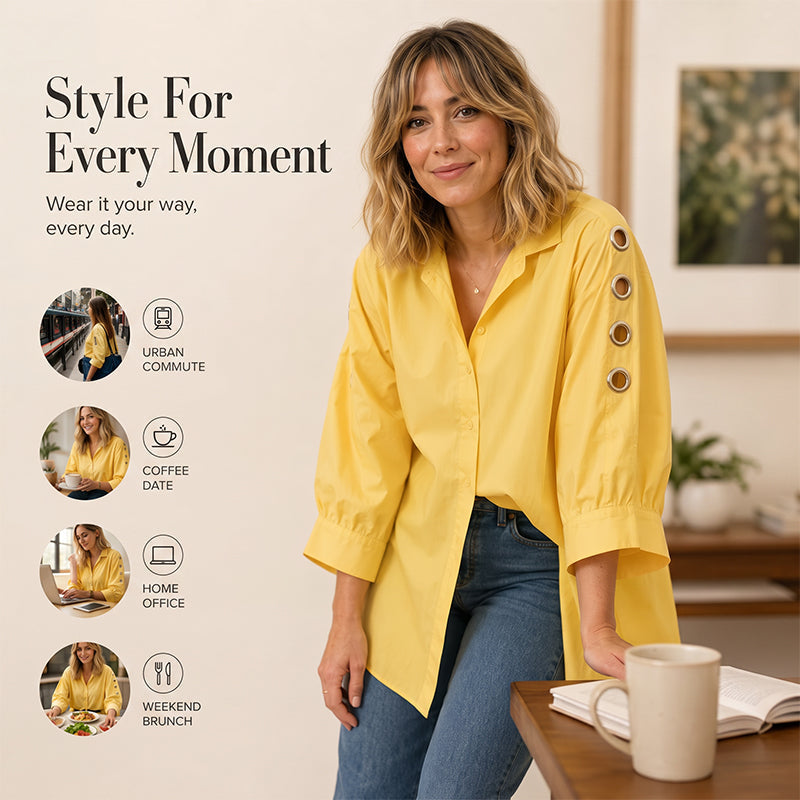 ⌛Zeitlich begrenztes Angebot – Damen übergroßes asymmetrisches Hemd mit Ösendetails