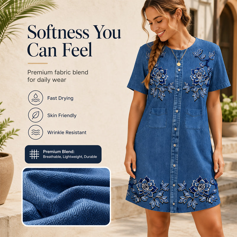 🔥 Letzter Tag! 50% Rabatt Damenkleid aus Denim-Imitat mit Blumenmuster