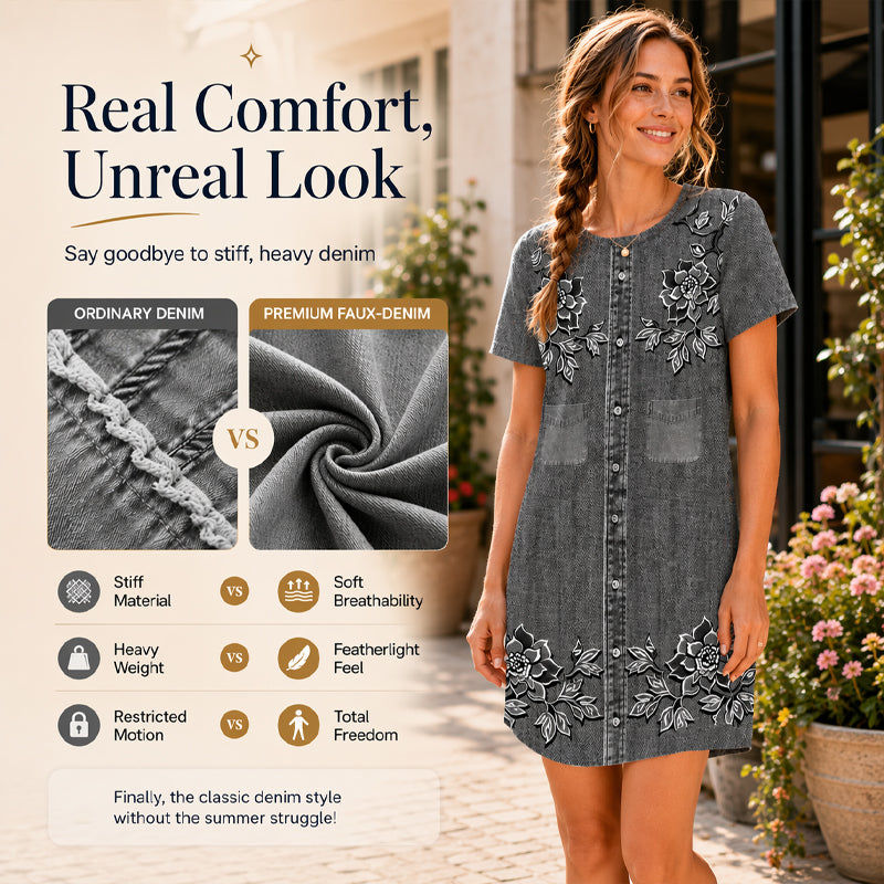 🔥 Letzter Tag! 50% Rabatt Damenkleid aus Denim-Imitat mit Blumenmuster