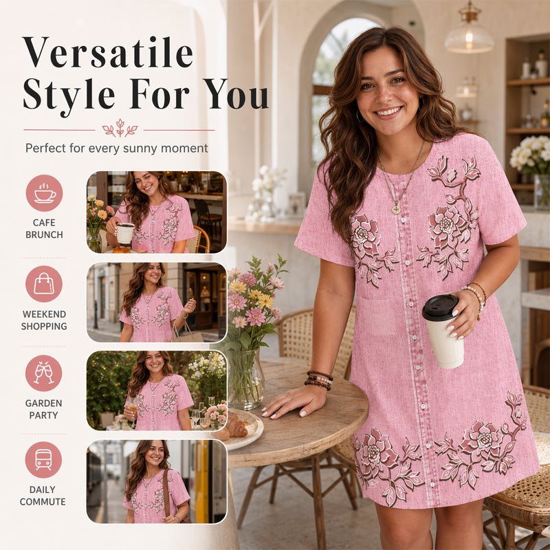 🔥 Letzter Tag! 50% Rabatt Damenkleid aus Denim-Imitat mit Blumenmuster