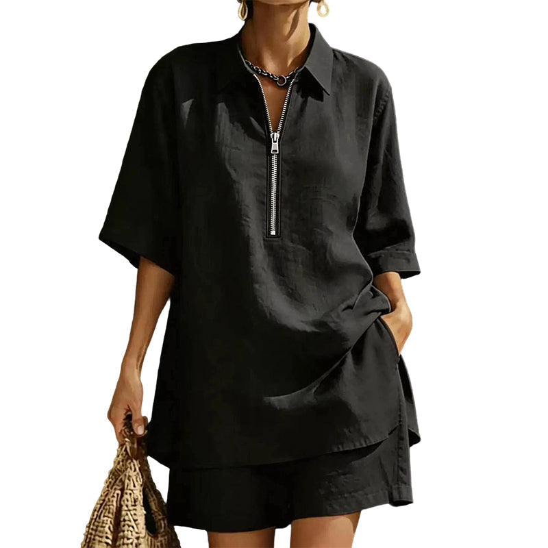 ✨Lässiges zweiteiliges Set für Damen: Kurzarm-Oberteil mit halbem Reißverschluss und Shorts