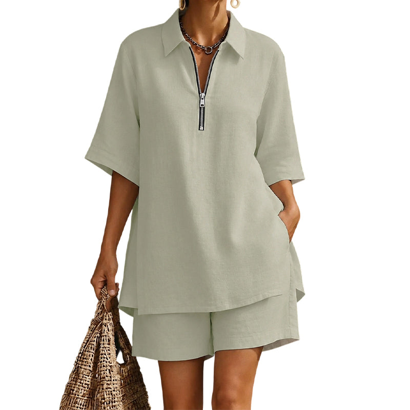 ✨Lässiges zweiteiliges Set für Damen: Kurzarm-Oberteil mit halbem Reißverschluss und Shorts