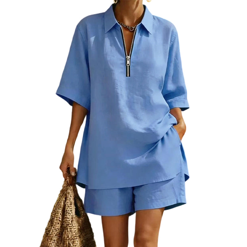 ✨Lässiges zweiteiliges Set für Damen: Kurzarm-Oberteil mit halbem Reißverschluss und Shorts