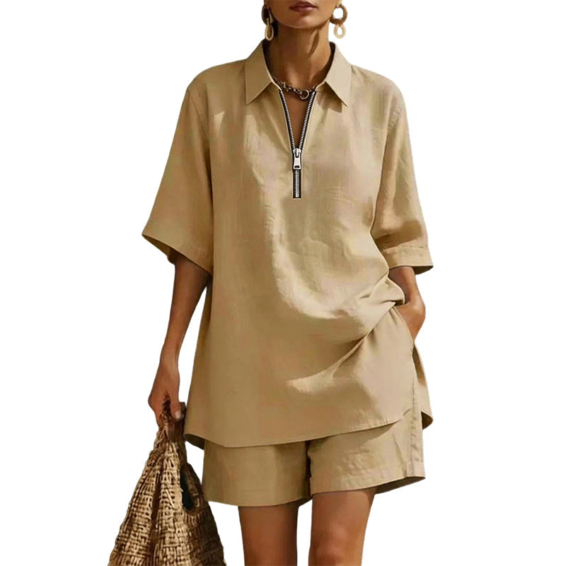 ✨Lässiges zweiteiliges Set für Damen: Kurzarm-Oberteil mit halbem Reißverschluss und Shorts