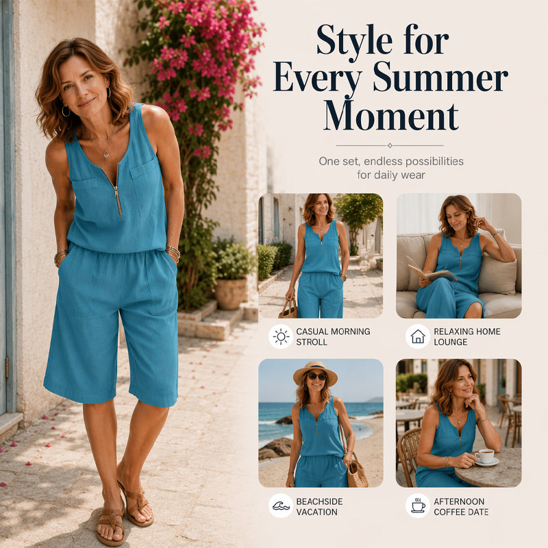 ⌛Zeitlich begrenztes Angebot – Set aus ärmellosem Tanktop mit halbem Reißverschluss und Shorts für Damen