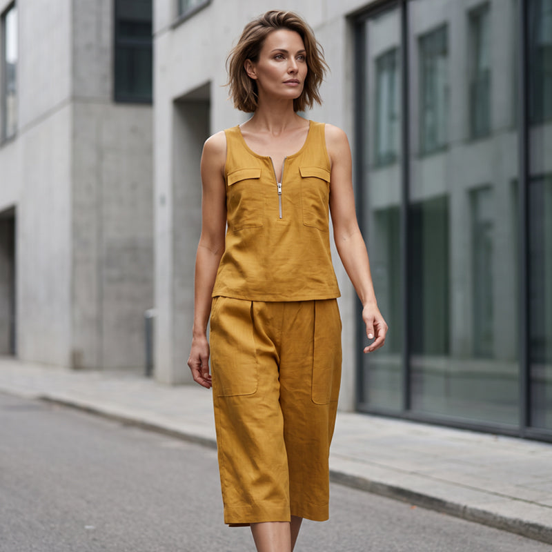 ⌛Zeitlich begrenztes Angebot – Set aus ärmellosem Tanktop mit halbem Reißverschluss und Shorts für Damen