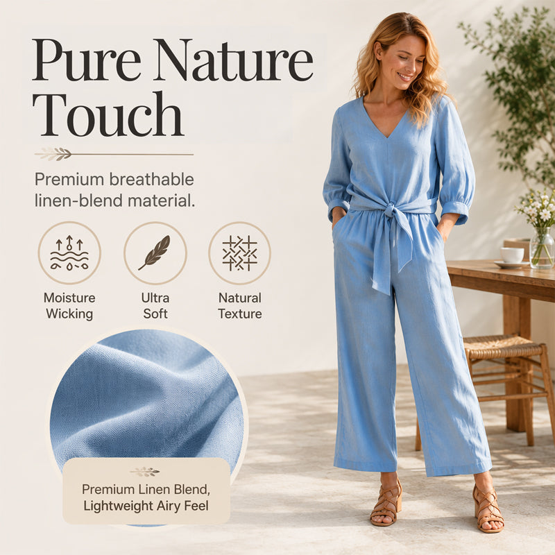 Set aus einem Damen-Oberteil mit V-Ausschnitt und Bindeband vorne sowie einer Hose mit weitem Bein