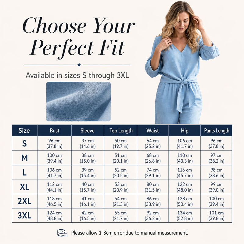 Set aus einem Damen-Oberteil mit V-Ausschnitt und Bindeband vorne sowie einer Hose mit weitem Bein
