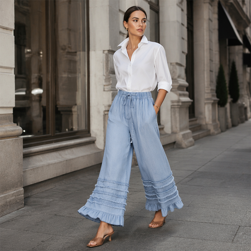 🌺Damenhose aus Tencel-Denim mit weitem Bein und Rüschen am Saum