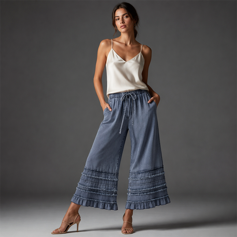 🌺Damenhose aus Tencel-Denim mit weitem Bein und Rüschen am Saum