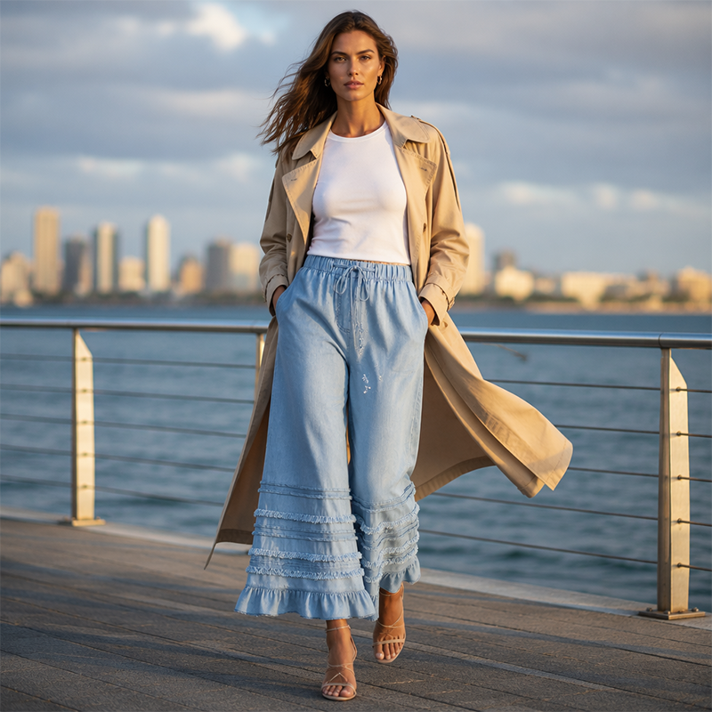🌺Damenhose aus Tencel-Denim mit weitem Bein und Rüschen am Saum