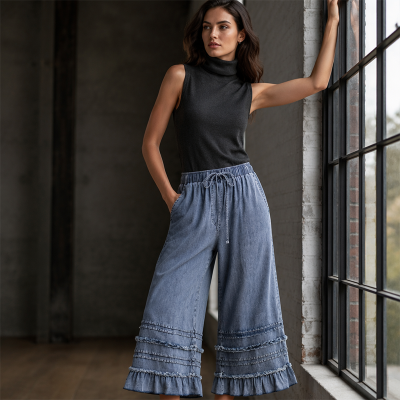 🌺Damenhose aus Tencel-Denim mit weitem Bein und Rüschen am Saum