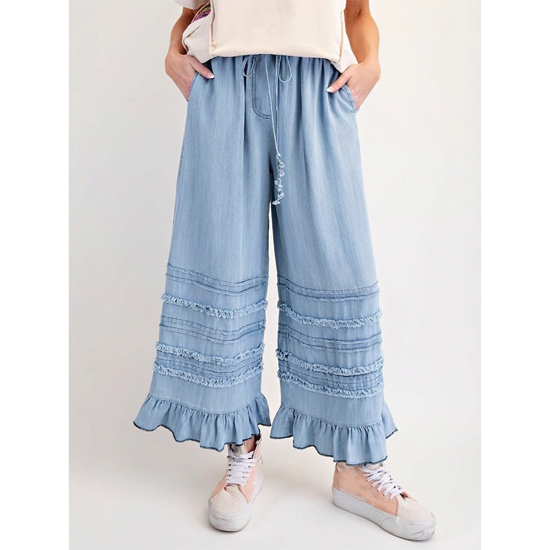 🌺Damenhose aus Tencel-Denim mit weitem Bein und Rüschen am Saum