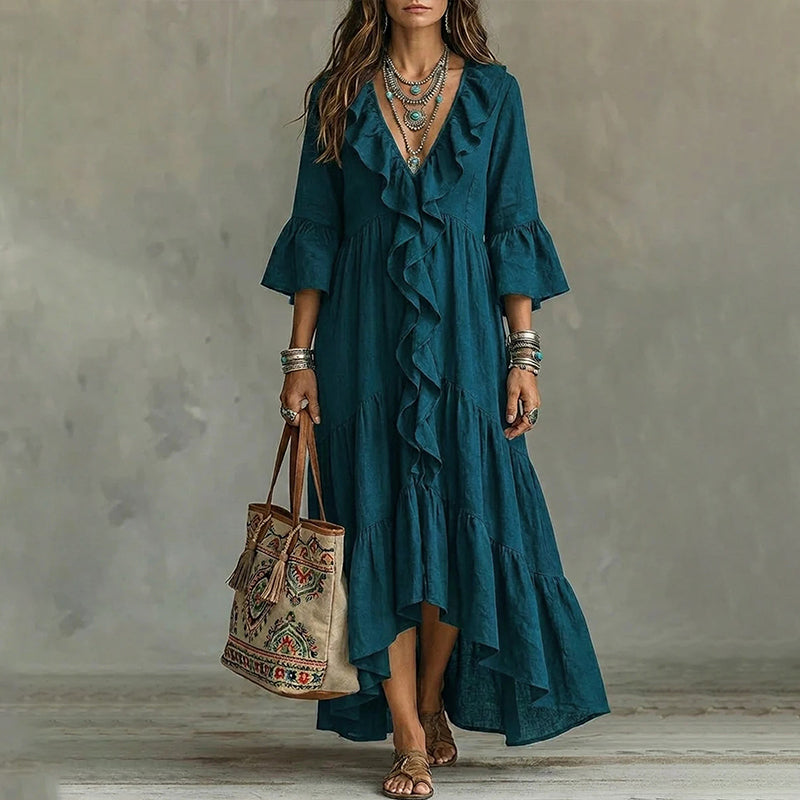 Damen Retro-Rüschen-V-Ausschnitt-Kleid mit Glockenärmeln