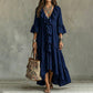 Damen Retro-Rüschen-V-Ausschnitt-Kleid mit Glockenärmeln