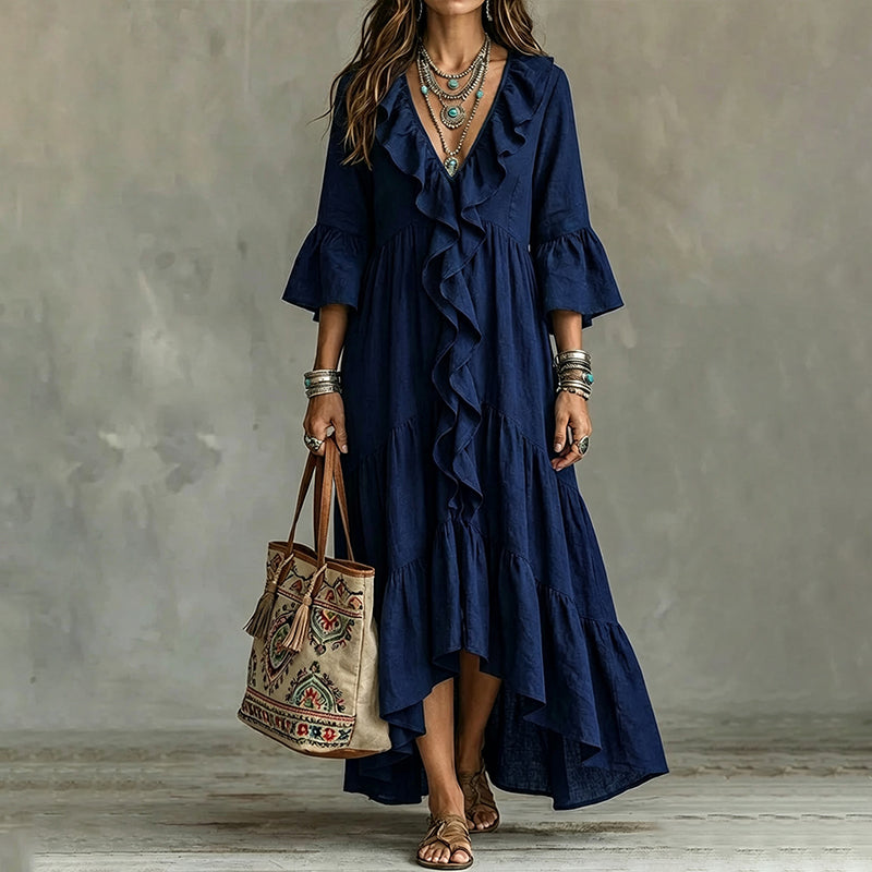 Damen Retro-Rüschen-V-Ausschnitt-Kleid mit Glockenärmeln