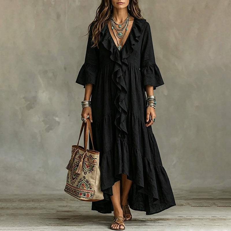 Damen Retro-Rüschen-V-Ausschnitt-Kleid mit Glockenärmeln