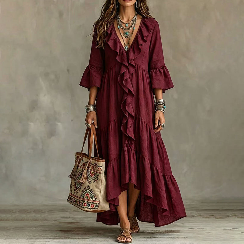 Damen Retro-Rüschen-V-Ausschnitt-Kleid mit Glockenärmeln