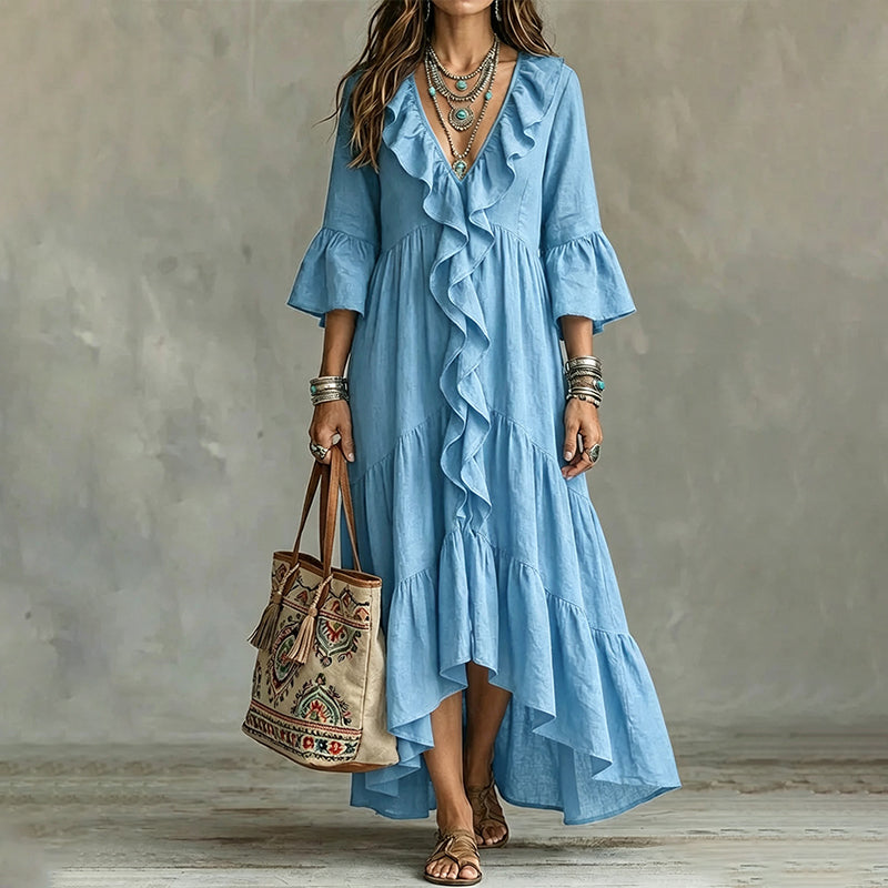 Damen Retro-Rüschen-V-Ausschnitt-Kleid mit Glockenärmeln