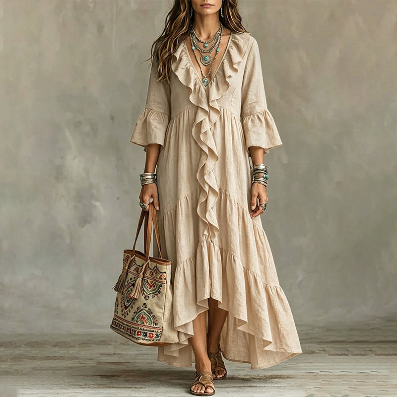 Damen Retro-Rüschen-V-Ausschnitt-Kleid mit Glockenärmeln