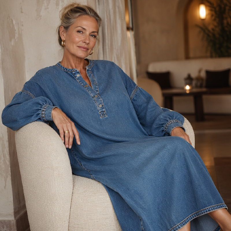 ⌛Tijdelijke aanbieding – Lange maxi-jeansjurk met lanternaarmpjes voor dames