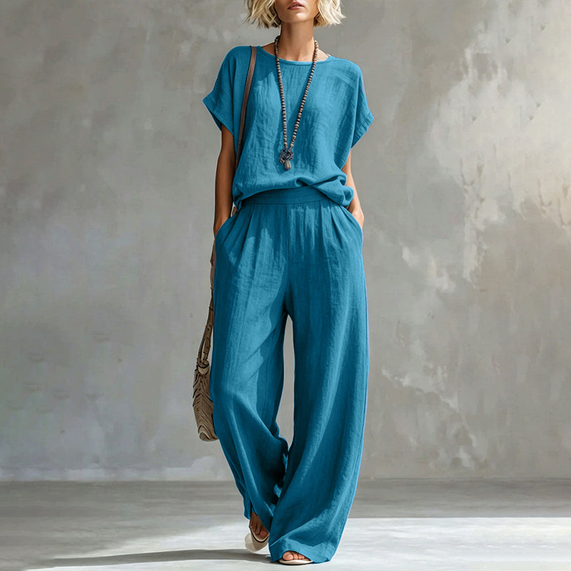 Set aus kurzärmeligem Oberteil und Hose mit weitem Bein für Damen