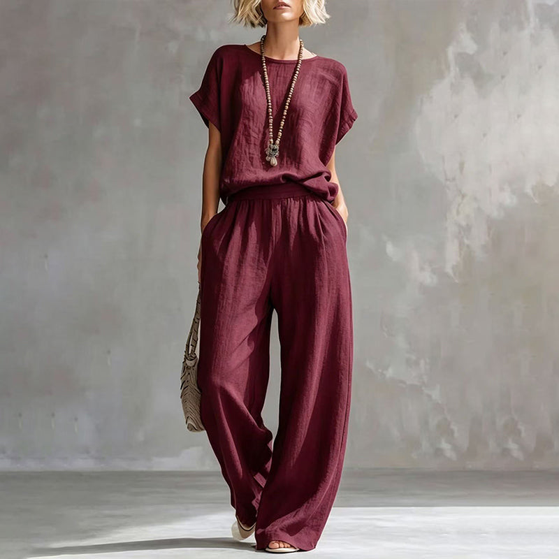 Set aus kurzärmeligem Oberteil und Hose mit weitem Bein für Damen
