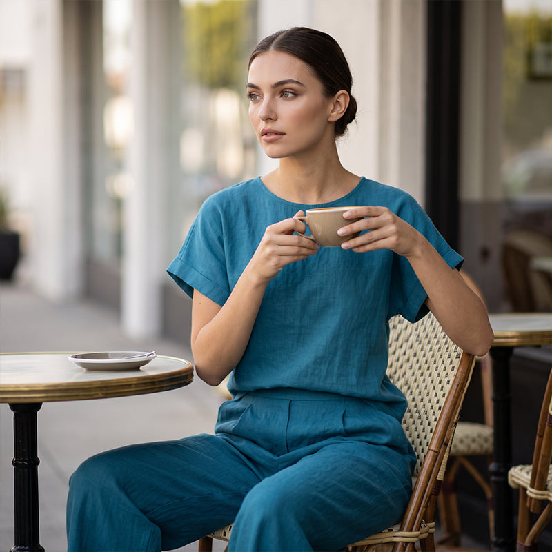Set aus kurzärmeligem Oberteil und Hose mit weitem Bein für Damen