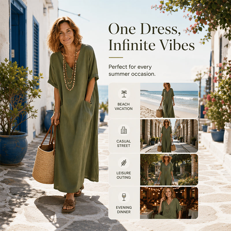 ✨Lockeres Maxikleid mit V-Ausschnitt für Damen, im Urlaubstrend