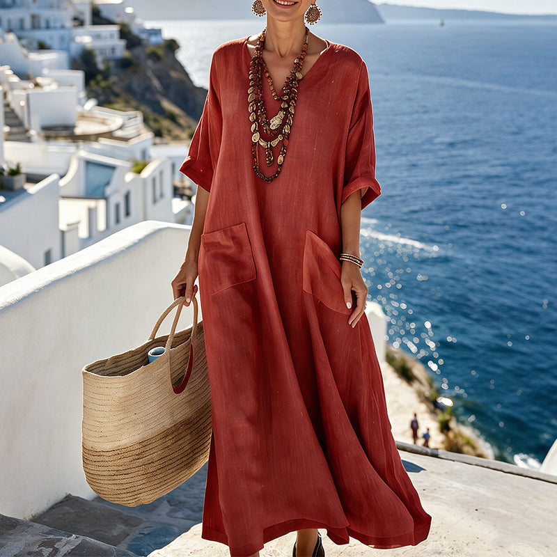 ✨Lockeres Maxikleid mit V-Ausschnitt für Damen, im Urlaubstrend