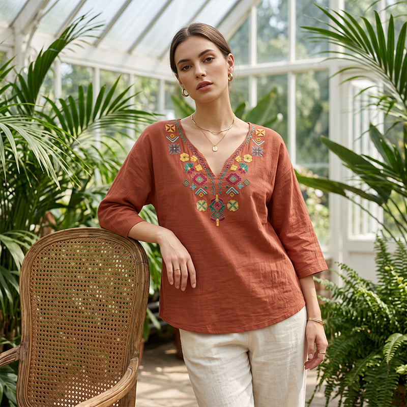 Vintage-Oberteil mit Blumenstickerei und V-Ausschnitt für Damen