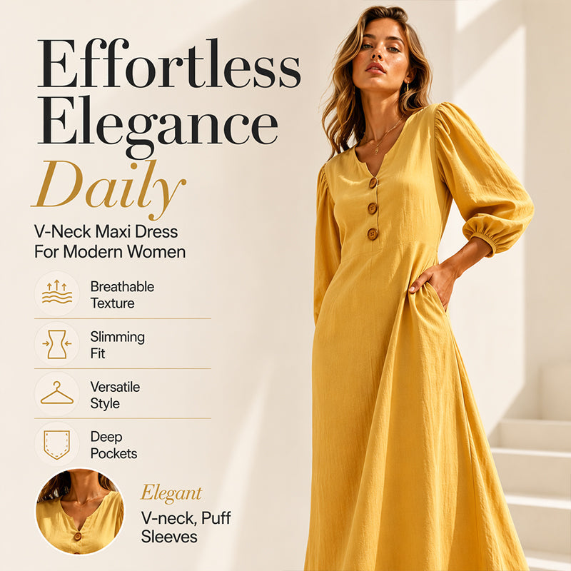 Lässiges Maxikleid mit V-Ausschnitt und Puffärmeln für Damen