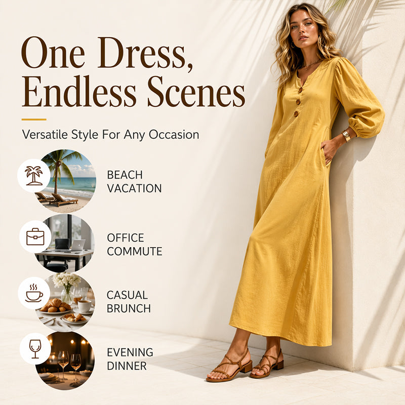 Lässiges Maxikleid mit V-Ausschnitt und Puffärmeln für Damen