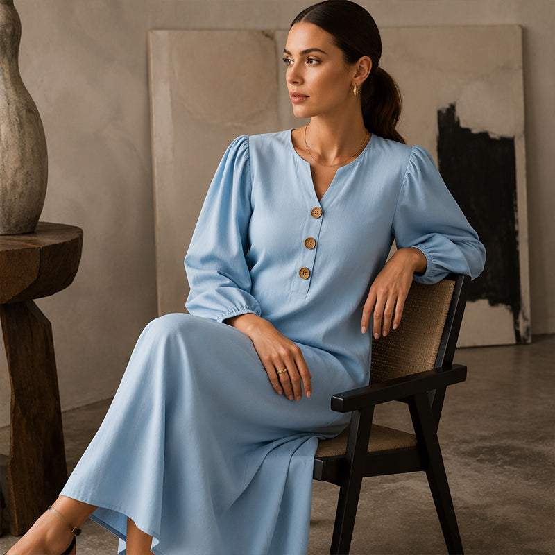 Lässiges Maxikleid mit V-Ausschnitt und Puffärmeln für Damen